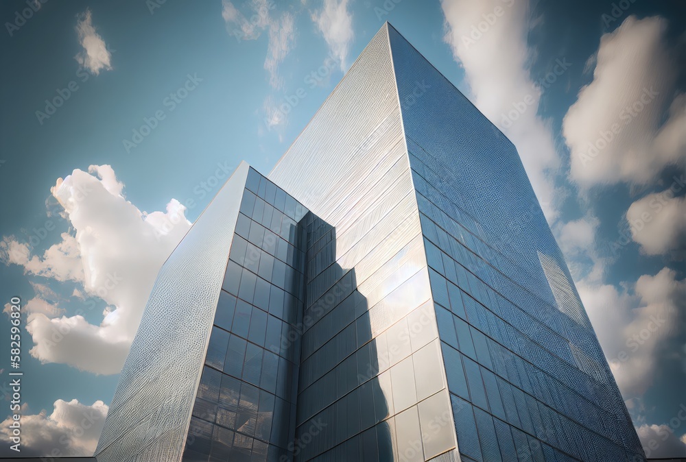 Skyscrapers with blue sky and cloud background. Building and architecture concept. Digital art illustration. Generative AI