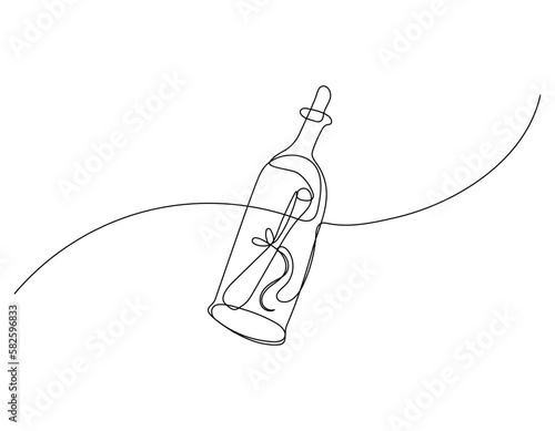 Continuous one line drawing of a message in a bottle. Simple vector illustration