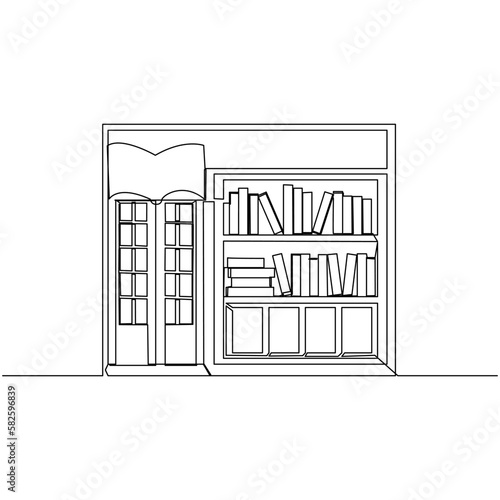 Continuous one line drawing of book store. Simple vector illustration