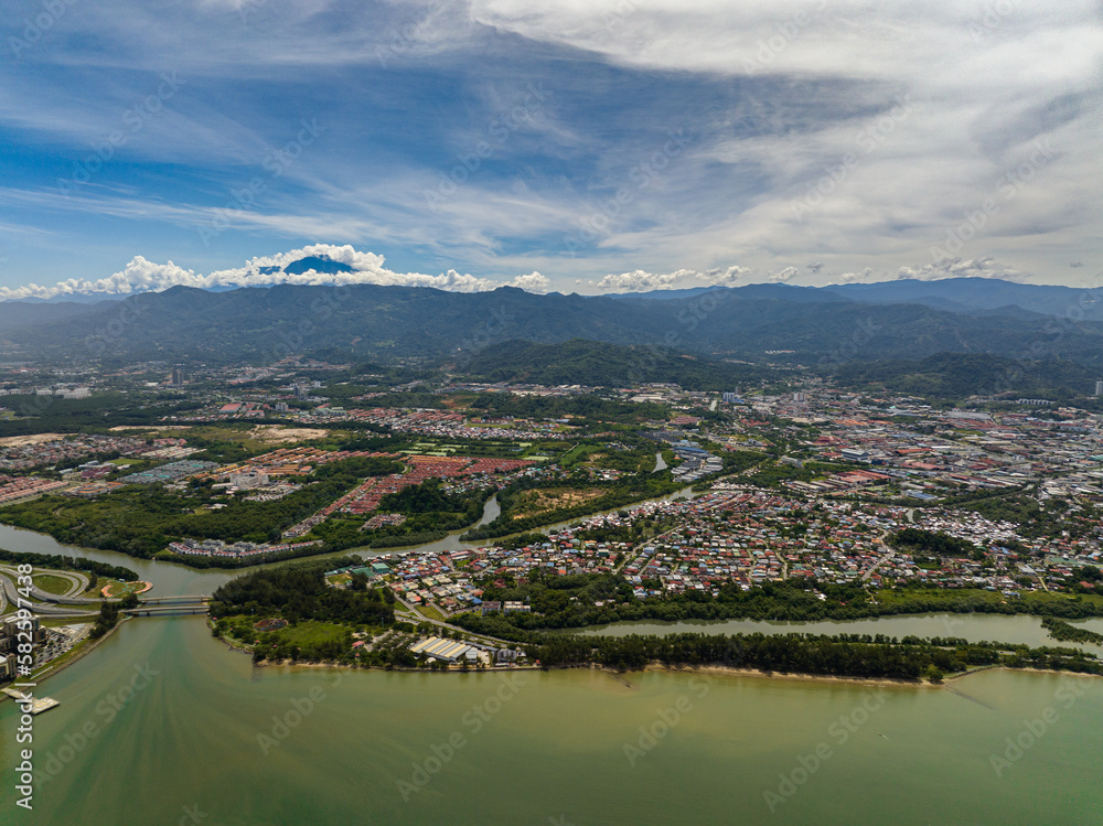 Top view of Kota Kinabalu colloquially referred to as KK, is the state capital of Sabah, Malaysia.
