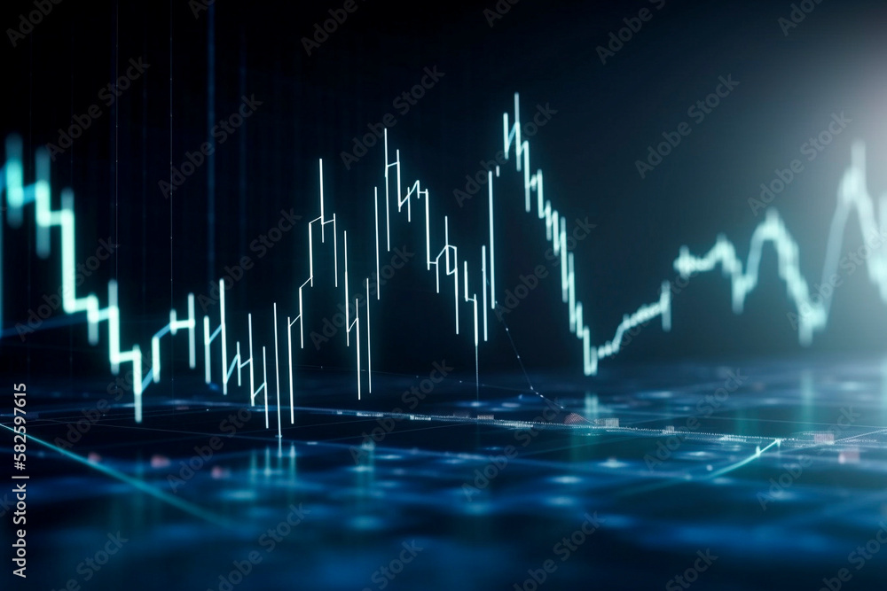 Naklejka premium Digital stock exchange or stock market, uptrend line candlestick graph. generative Ai technology