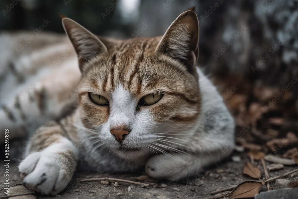 A stray cat is blurry in focus and laying on the roadway. Generative AI