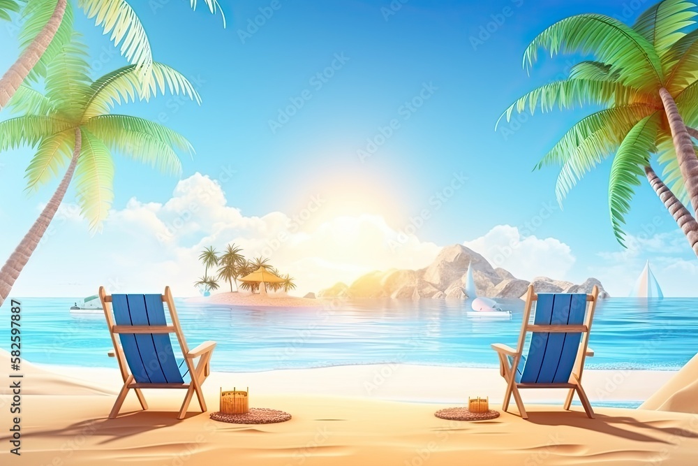 Beautiful stunning beach summer concept with chair white sand and blue skies. Generative AI