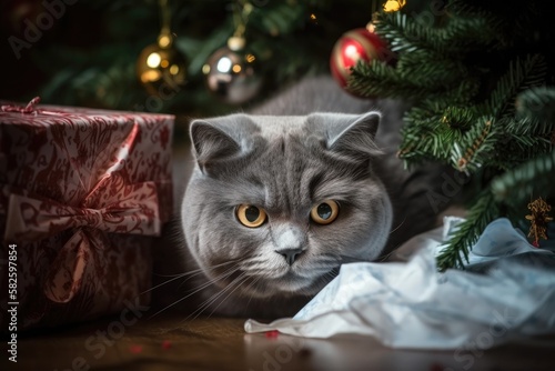 In a present bag, a gray cat rests beneath a Christmas tree. A plastic Santa Claus figure is nearby (Father Frost ded moroz). Generative AI