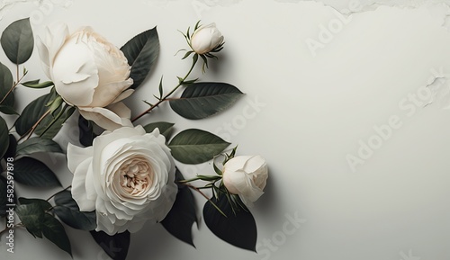 Beautiful White Flat Lay Illustration with Gorgeous Rose Decorations and Copy Space Generated by AI