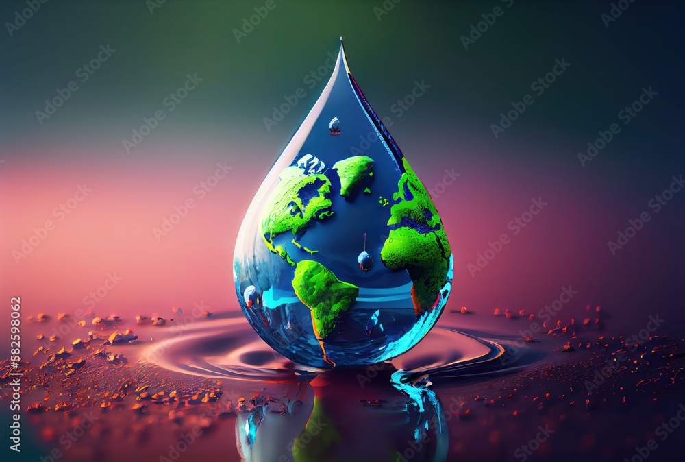 Fototapeta premium Earth in water drop shape dropping on the ground background. Environment and World savings concept. Digital art illustration. Generative AI