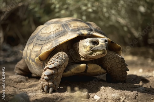 Natural Environment of the African Sulcata Tortoise, close up of an African spurred tortoise relaxing in the garden a spurred tortoise sunbathes on the ground while wearing a shell for protection