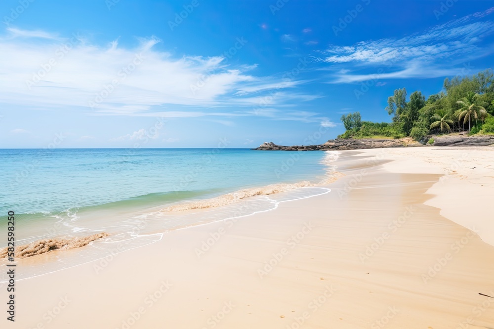 Beautiful stunning beach summer concept featuring crystal clear water, white sand and blue skies. Generative AI