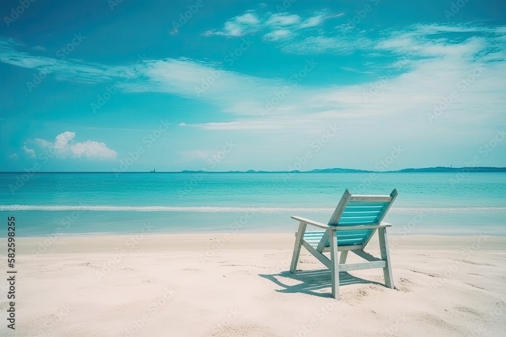 Beautiful stunning beach summer concept with chair white sand and blue skies. Generative AI