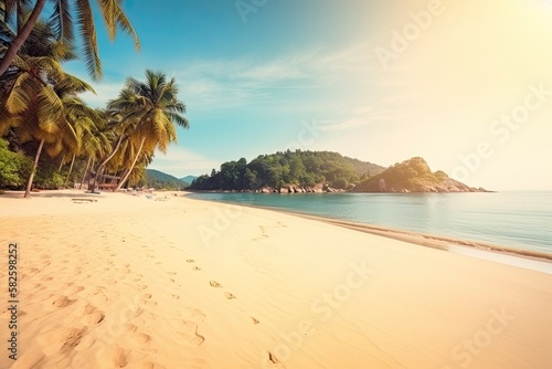 Beautiful stunning beach summer concept featuring crystal clear water, white sand and blue skies. Generative AI