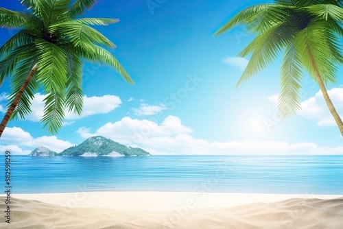 Beautiful stunning beach summer concept featuring crystal clear water  white sand and blue skies. Generative AI