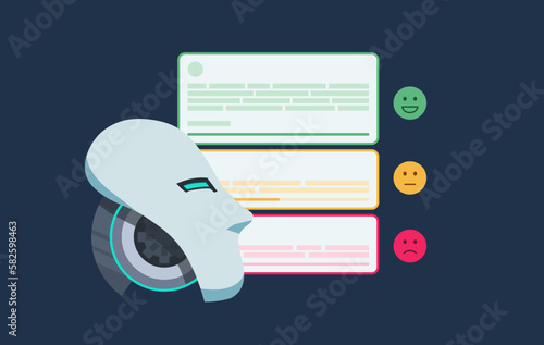 Text Sentiment Analysis Vector Illustration Artificial Intelligence Design with Robot and Positive Negative Neutral Sentiment