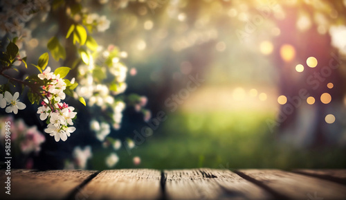 Spring Time - Blossoms On Wooden Table In Green Garden With Defocused Bokeh Lights And Flare Effect IA generativa” © katherine