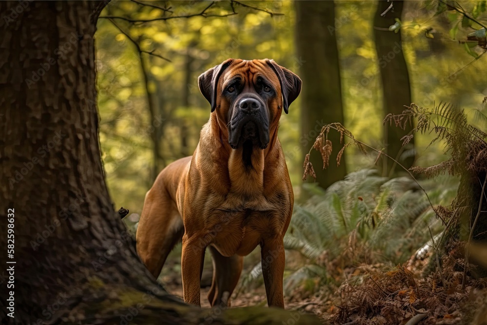 Boerboel dog from South Africa posing in the woods. Generative AI