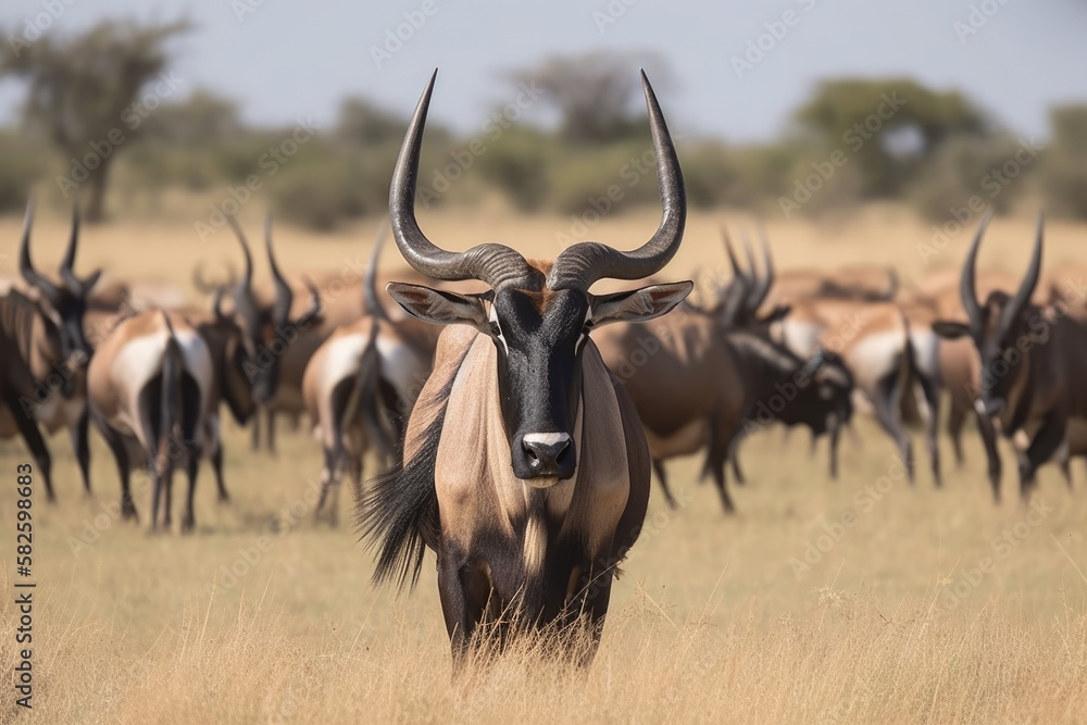 Blesbok with Black Wildebeest on the Southern African savannah. Generative AI Blesbok with Black Wildebeest on the Southern African savannah. Generative AI