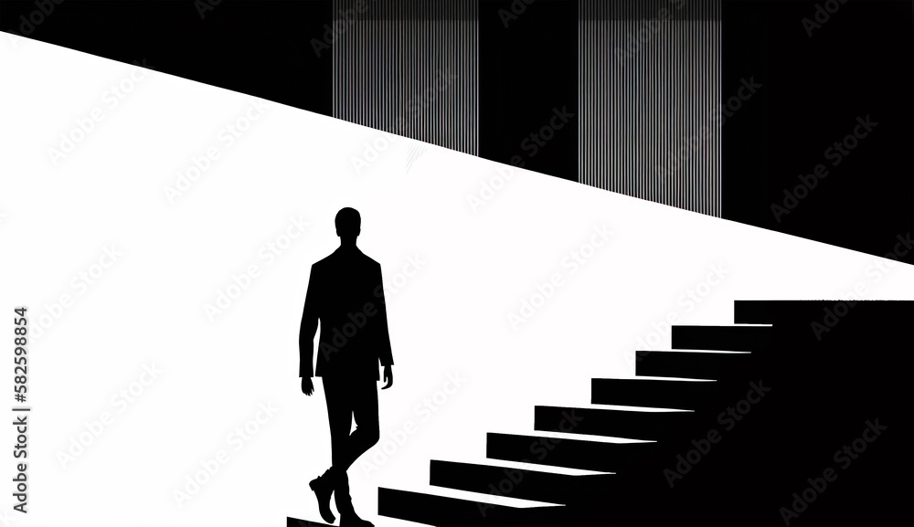AI Generative Illustration of a Creative Photo of The Never-Ending Climb A Metaphor for Success, A businessman's silhouette is shown climbing a never-ending staircase against a minimalistic seamless b AI Generative Illustration of a Creative Photo of The Never-Ending Climb A Metaphor for Success, A businessman's silhouette is shown climbing a never-ending staircase against a minimalistic seamless b