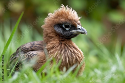 Brown Silkie Hen  also known as Silky Chicken  is moving around and foraging in the grass. Generative AI