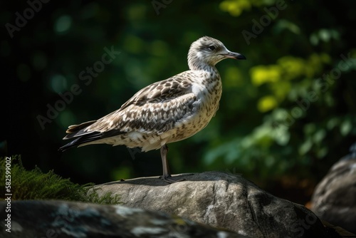 a young gull perched on a rock and anticipating the arrival of his mother with some fish. Generative AI