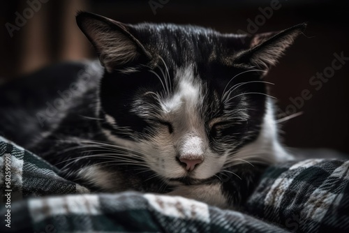 Close up of a black and white cat sleeping on a blanket. A pet. Generative AI photo