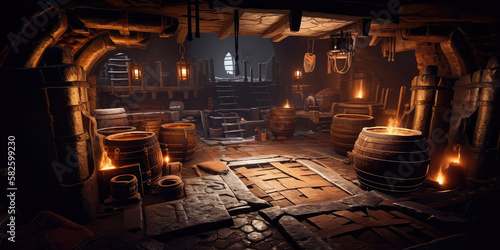 Dungeon, underground labyrinth, game world, digital illustration, AI generated