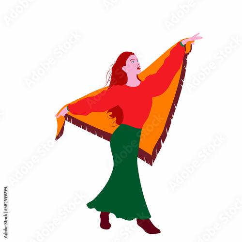 Girl with a headscarf dances in a long skirt, shirt and boots.
Illustration of a girl with her arms raised to the sides. 
Illustrations of women. 
