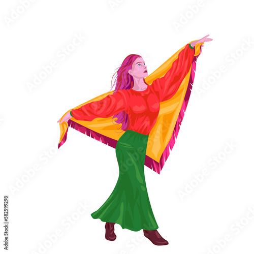 Girl with a headscarf dances in a long skirt, shirt and boots.
Illustration of a girl with her arms raised to the sides. 
Illustrations of women. 
Transparent background.