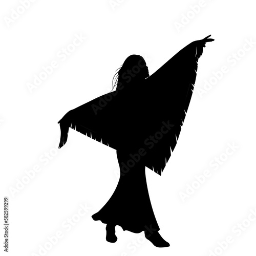 Girl with a headscarf dances in a long skirt, shirt and boots. Silhouette.
Illustration of a girl with her arms raised to the sides. 
Illustrations of women. Transparent background.