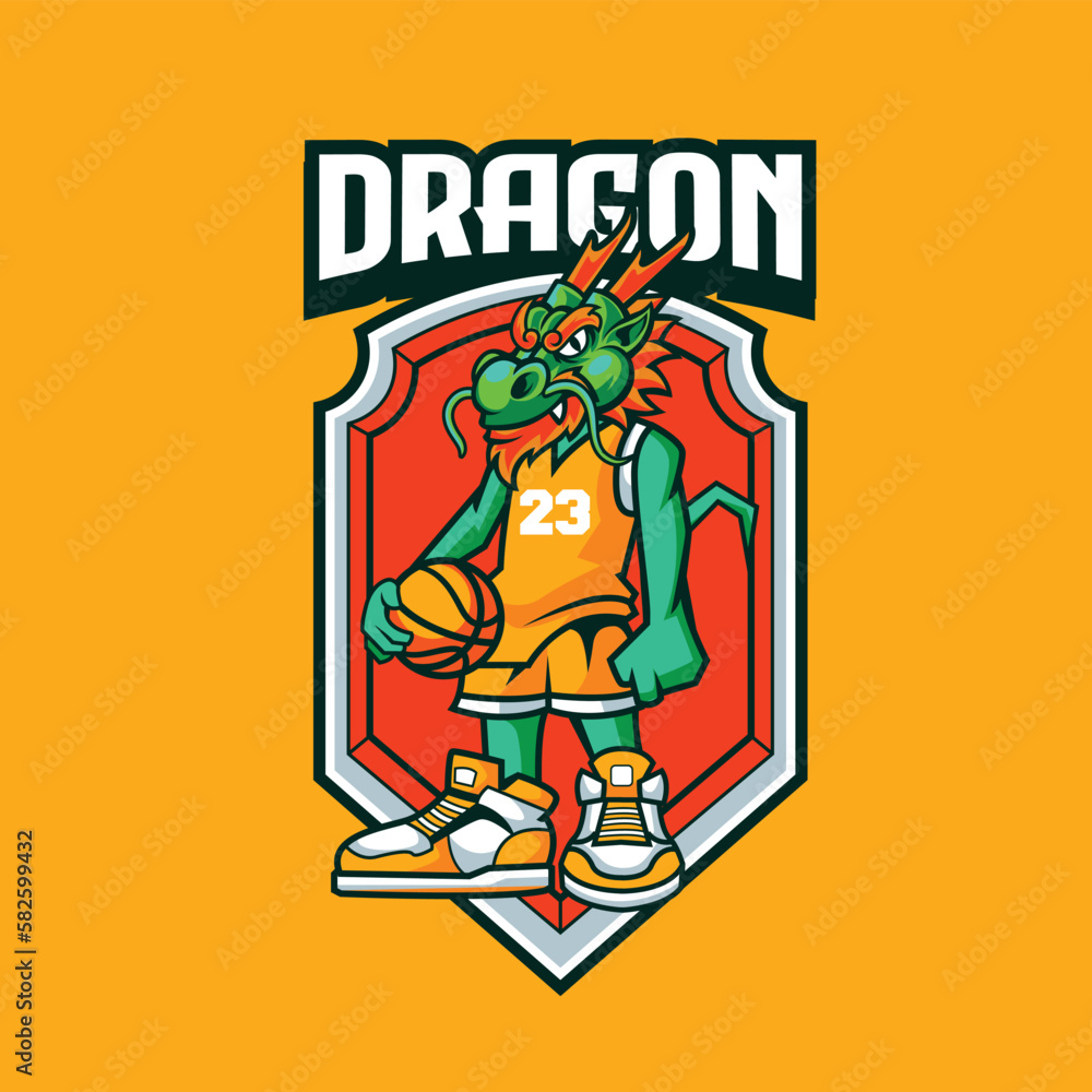 Vector illustration of dragon mascot with basketball player pose with sport logo style