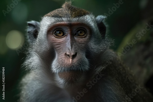 2019 photograph of a monkey at a park in Ubud, Bali, Indonesia. Generative AI