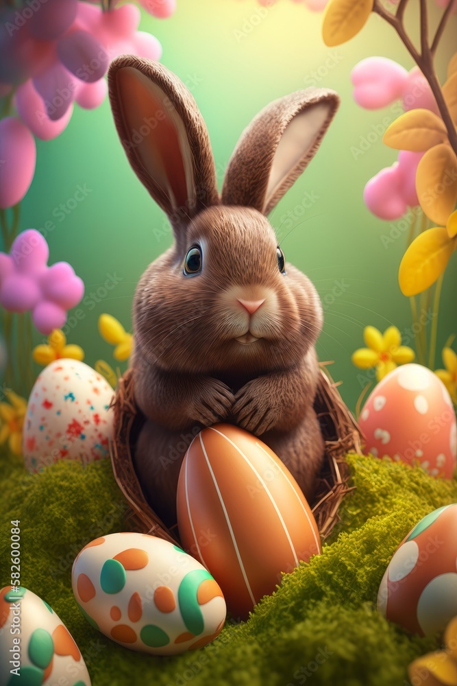 cute easter bunny with colorful easter eggs