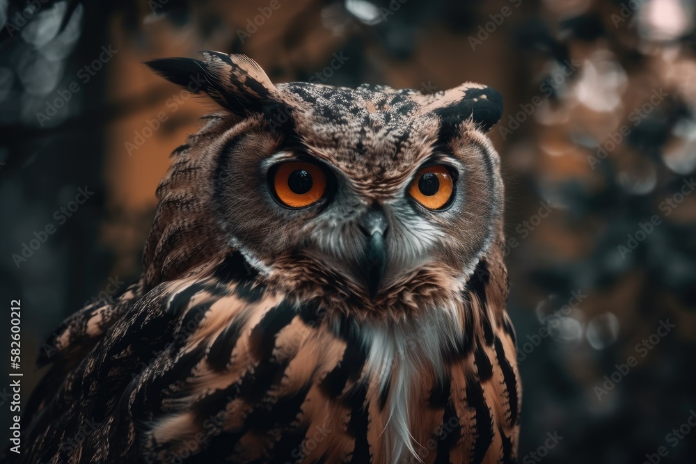 Blurry background with an owl looking forward. Generative AI Blurry background with an owl looking forward. Generative AI