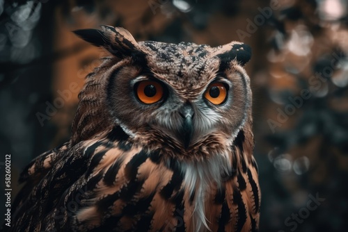 Blurry background with an owl looking forward. Generative AI © AkuAku