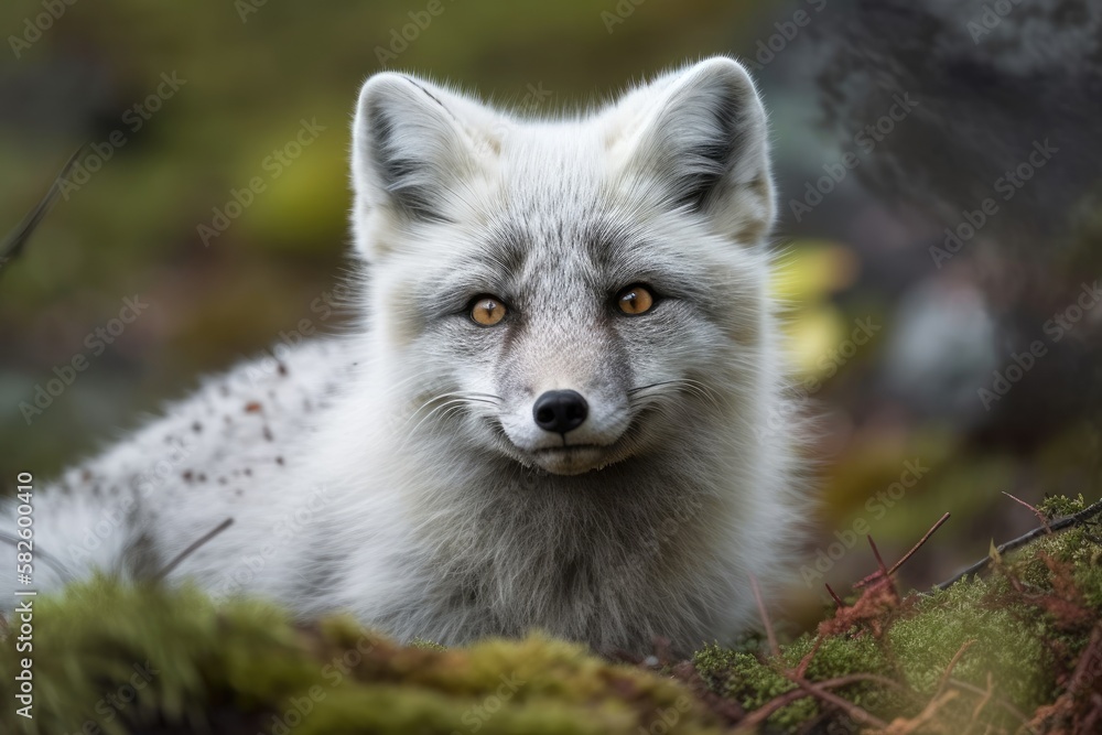 Fototapeta premium A young male Arctic Fox sits down (Vulpes lagopus). Generative AI