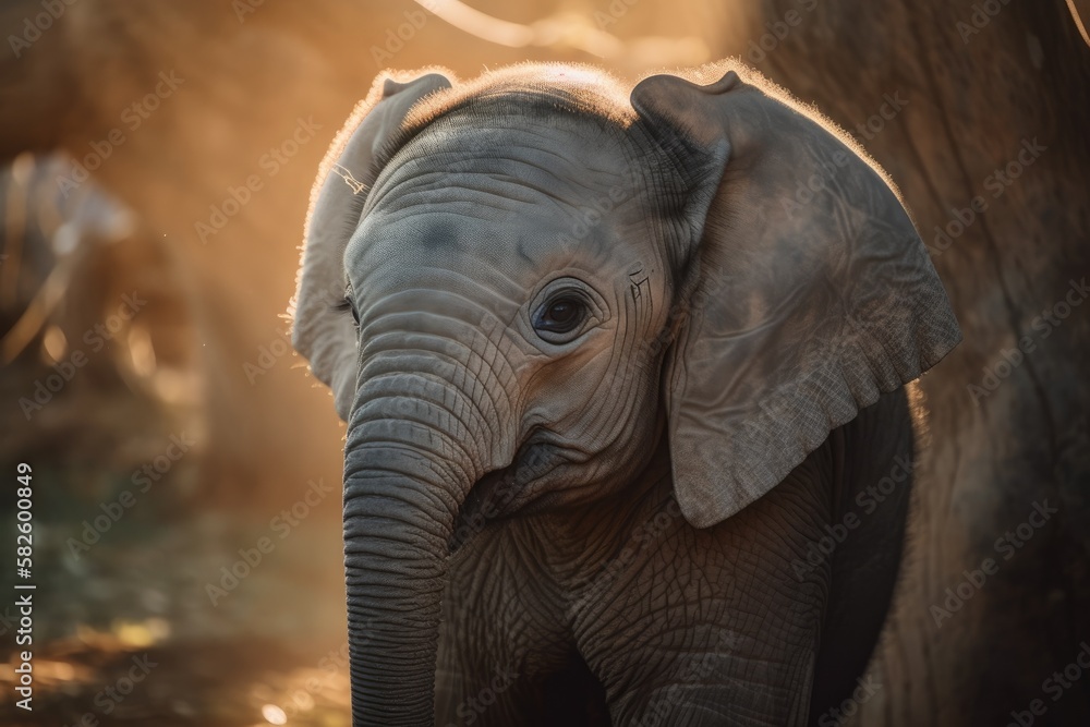 Fototapeta premium infant elephant in the sunlight. Generative AI