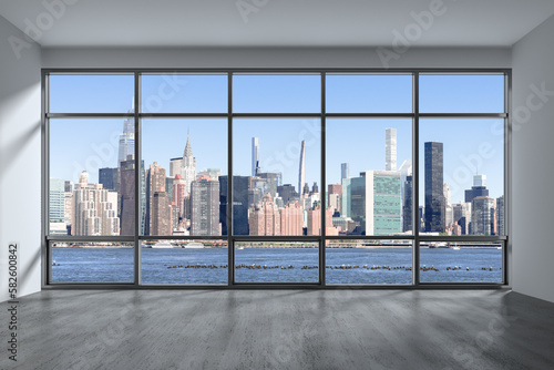Midtown New York City Manhattan Skyline Buildings Window Background. Expensive Real Estate. Empty room Interior Skyscrapers View Cityscape. East Side United Nations Headquarters. 3d rendering © VideoFlow