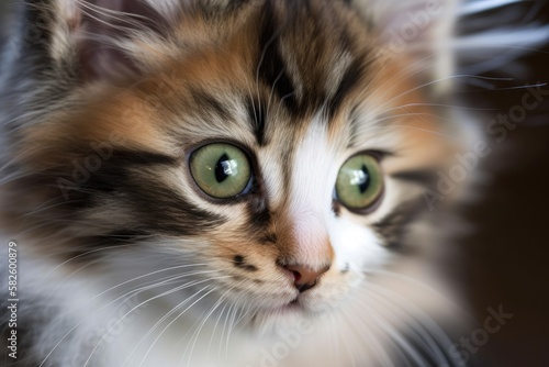 Close up of a Siberian Kitten's Face with Black, White, and Brown Fur. Generative AI © AkuAku