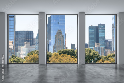 Empty room Interior Skyscrapers View Cityscape. Central Park Midtown New York City Manhattan Skyline Buildings from Window. Beautiful Expensive Real Estate. Day time. 3d rendering.