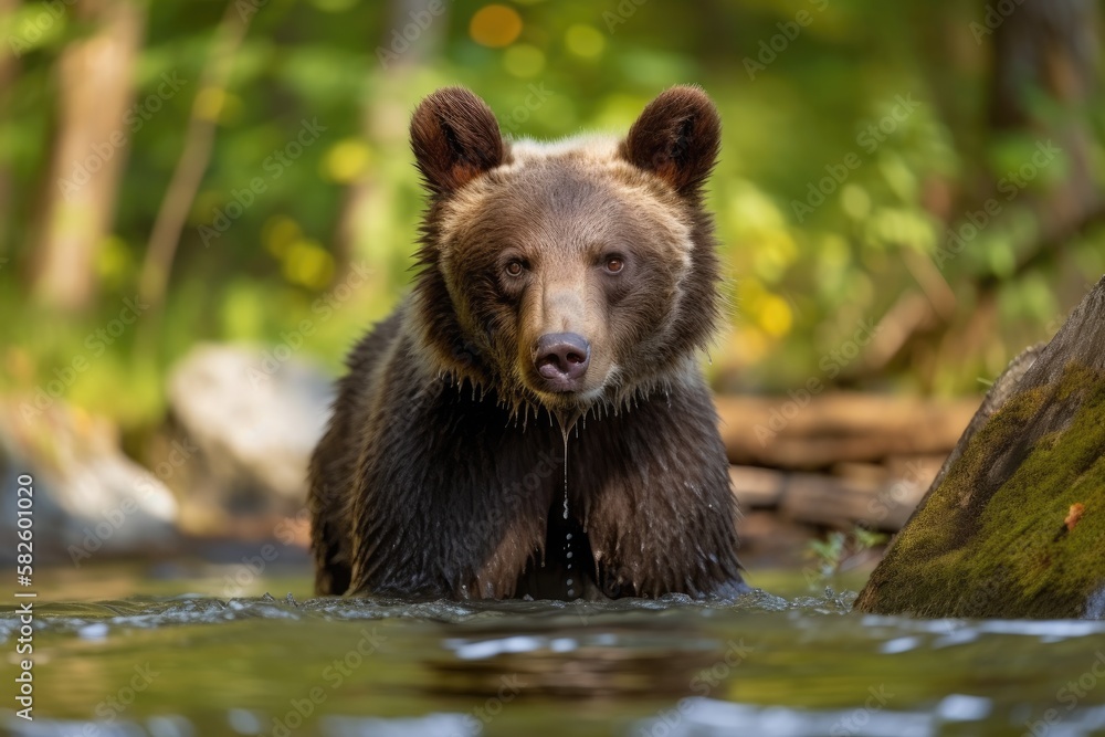 Fototapeta premium In the forest, there is a brown bear. Generative AI