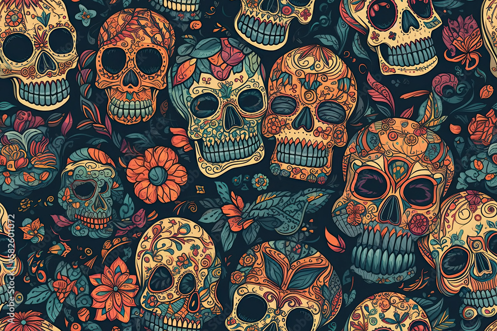 seamless pattern with skulls and flowers on a background. Generative AI illustration seamless pattern with skulls and flowers on a background. Generative AI illustration