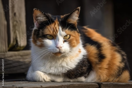 Medium haired calico cat curled up on the rustic wooden deck. Generative AI