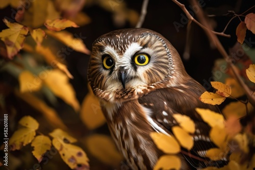 Portrait of a Northern Saw whet Owl in Autumn. Generative AI photo