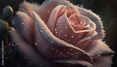romance Wet pink flower head with dew ,generative AI