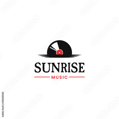 sunrise music logo, vinyl disc cassette sun logo design icon template