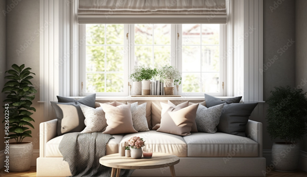 Fototapeta premium Modern living room with comfortable sofa and window ,generative AI