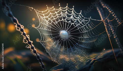 Spider's web glistens with dew in autumn forest ,generative AI