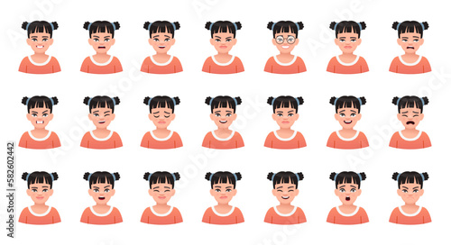 Facial expression of a beautiful black-haired girl. Set of different emotions of a cute white child. Smile, happiness, anger, joy, surprise, fear, etc.