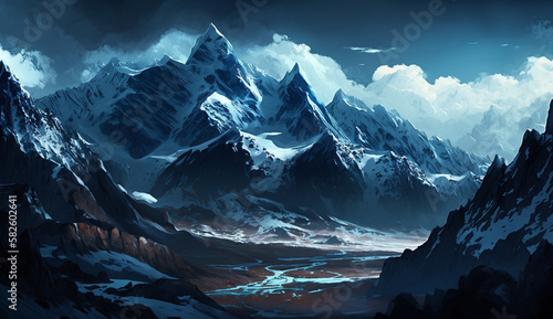 Majestic mountain peak covered in snow and ice ,generative AI