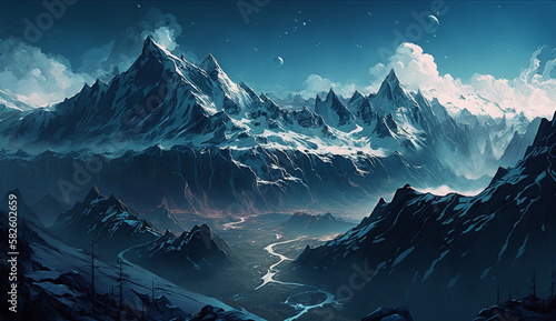 Mountain landscape with snowy peak and blue sky ,generative AI