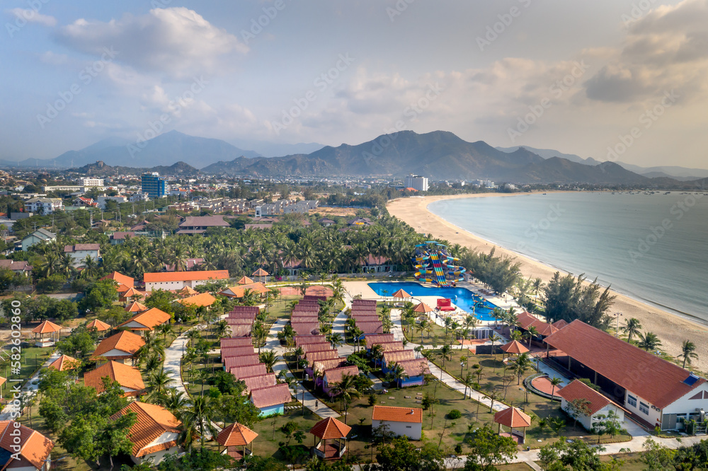 Overview of 4-star TTC resort with rows of bungalows at Ninh Chu beach Van Hai ward , Son Hai, Phan Rang city, Vietnam