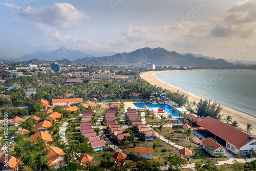 Overview of 4-star TTC resort with rows of bungalows at Ninh Chu beach Van Hai ward , Son Hai, Phan Rang city, Vietnam © Quang